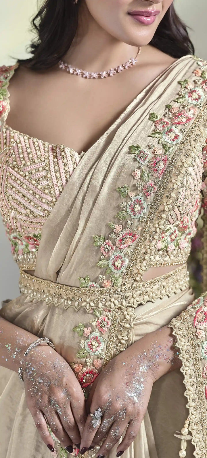 Buy Luxurious Cream Satin Silk Saree with Moti & Sequins Details