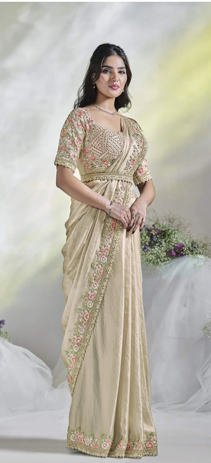Buy Luxurious Cream Satin Silk Saree with Moti & Sequins Details