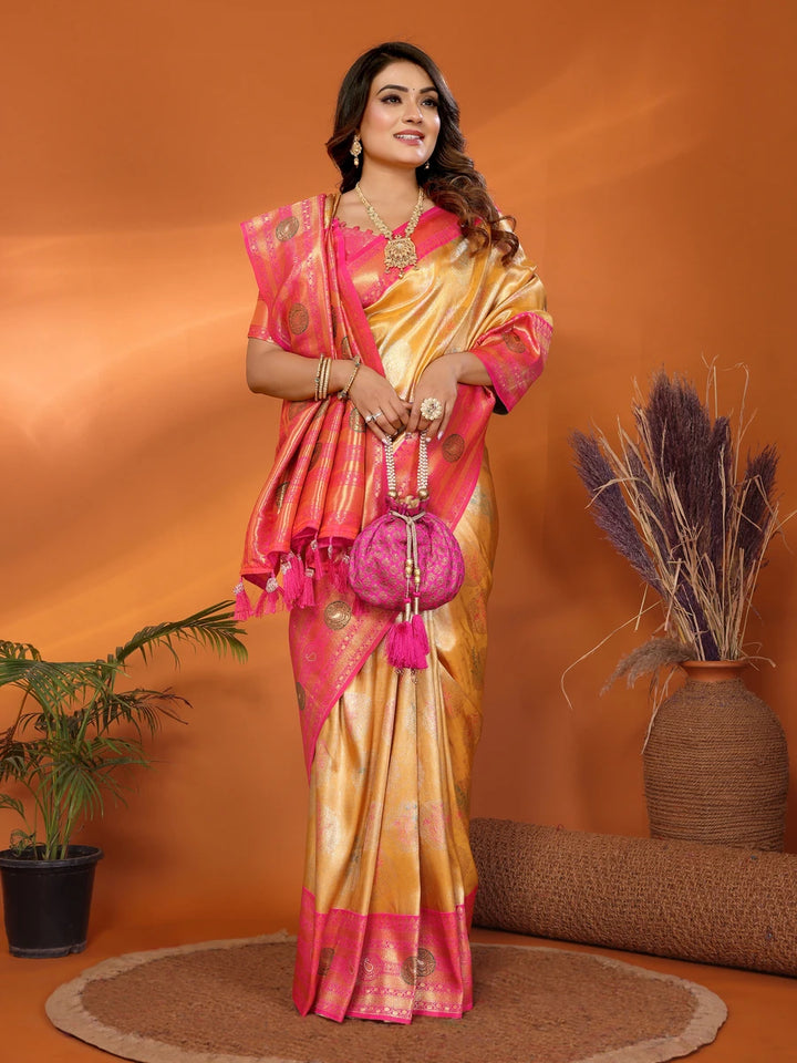 Best Mustard Banarasi Tissue Silk Saree with Paithani Design