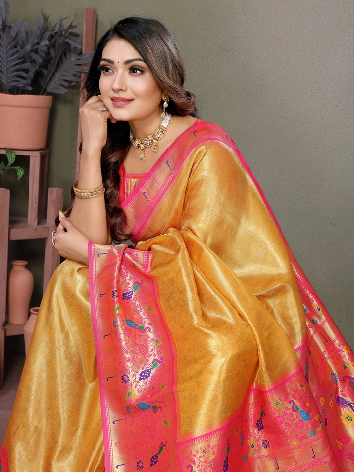 Best Mustard Luxurious Banaras Tissue Silk Saree with Paithani Designer Work Blouse
