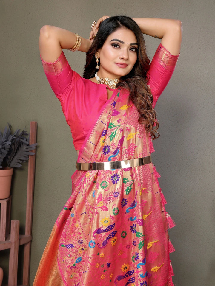 Best Orange Luxurious Banaras Tissue Silk Saree with Paithani Designer Work Blouse
