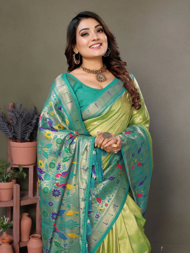 Best Parrot Green Luxurious Banaras Tissue Silk Saree with Paithani Designer Work Blouse
