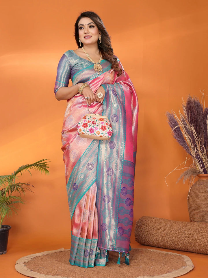 Best Peach Banarasi Tissue Silk Saree with Paithani Design