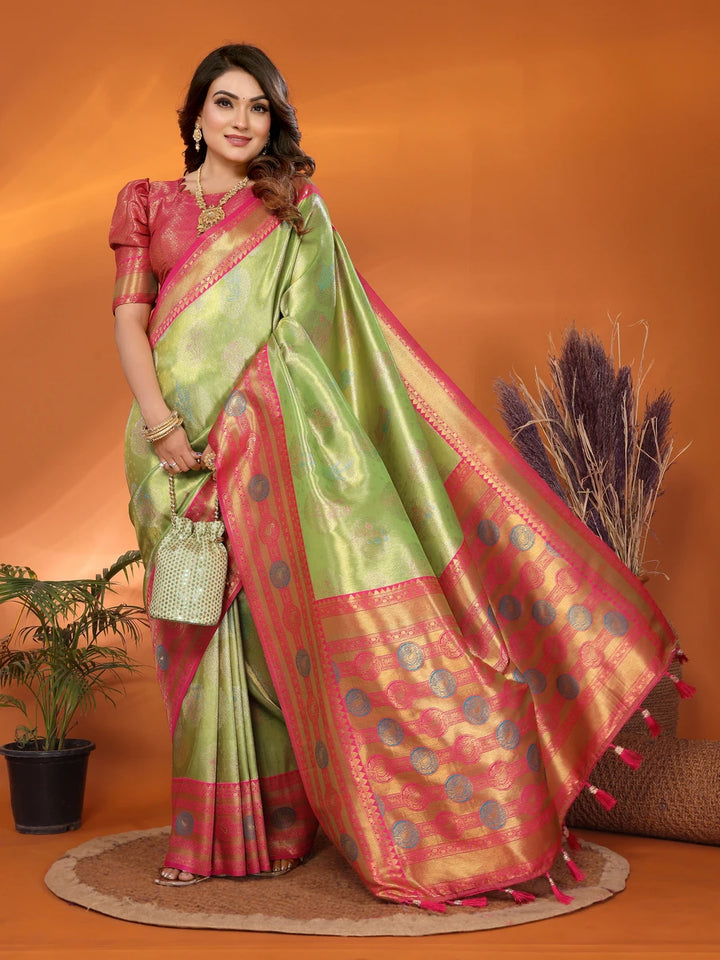 Best Pista Green Banarasi Tissue Silk Saree with Paithani Design