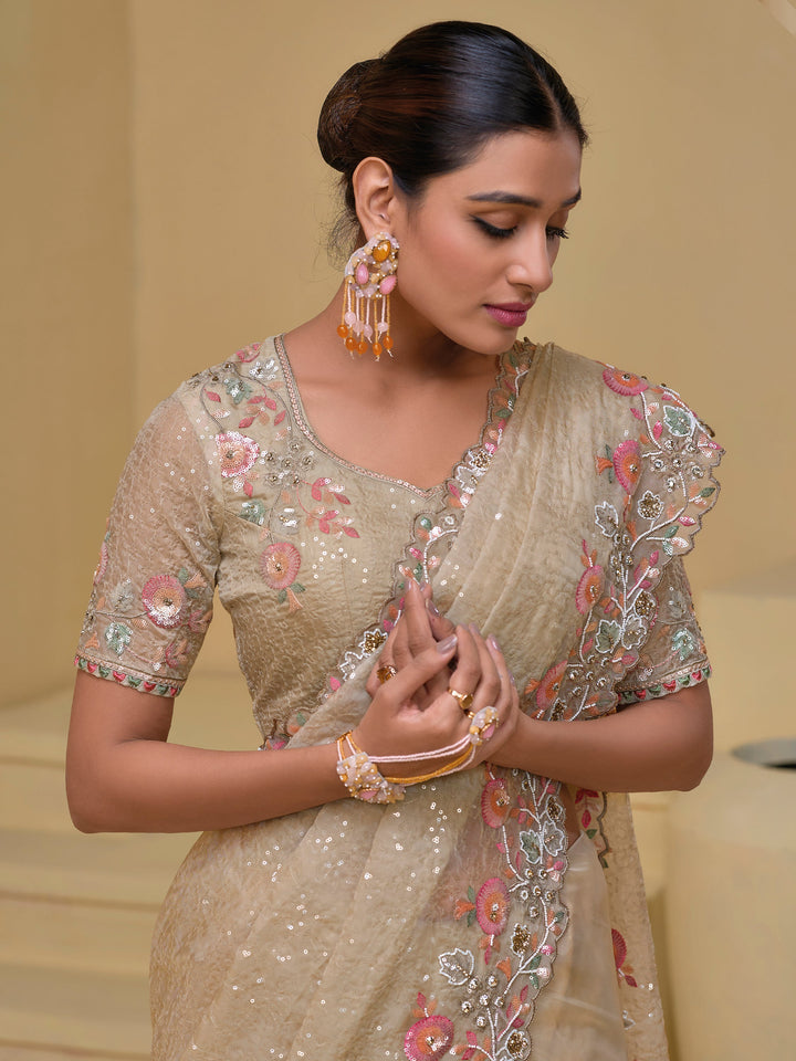 Best Precious Cream Sequins Organza Saree with Blouse