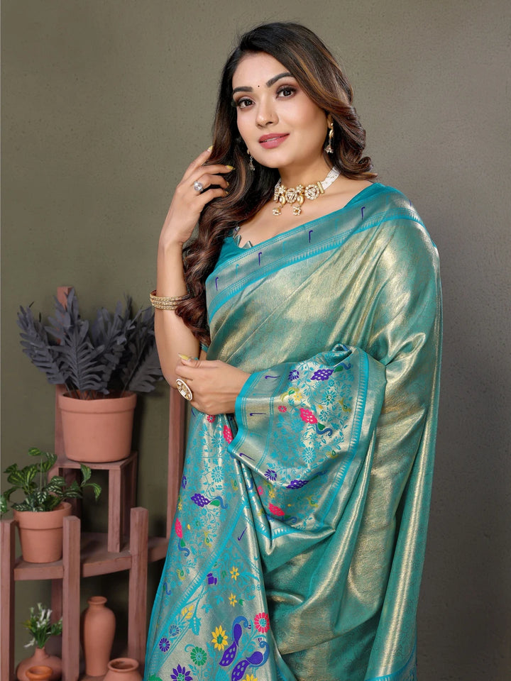 Best Rama Luxurious Banaras Tissue Silk Saree with Paithani Designer Work Blouse
