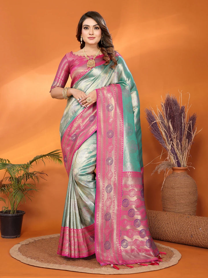 Best Sea Green Banarasi Tissue Silk Saree with Paithani Design