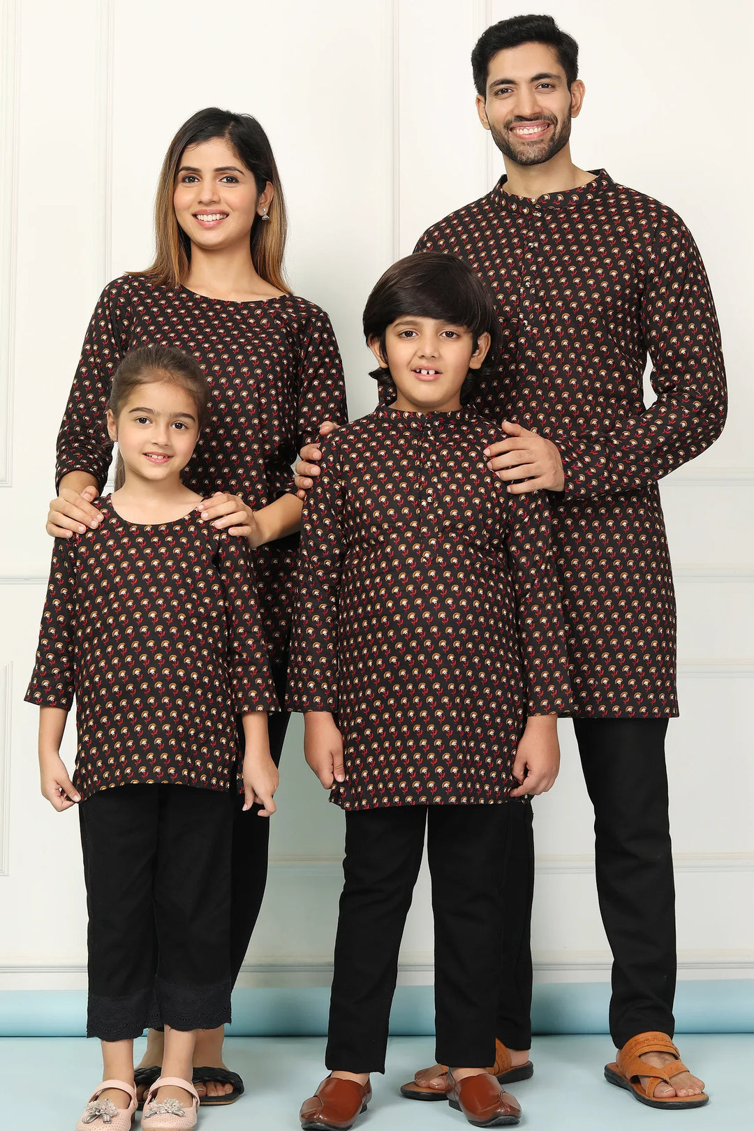 Black Printed Short Kurti & Matching Kurta Family Set - Trendy Fashion for All