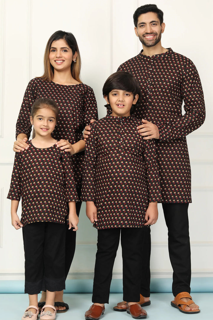 Black Printed Short Kurti & Matching Kurta Family Set - Trendy Fashion for All