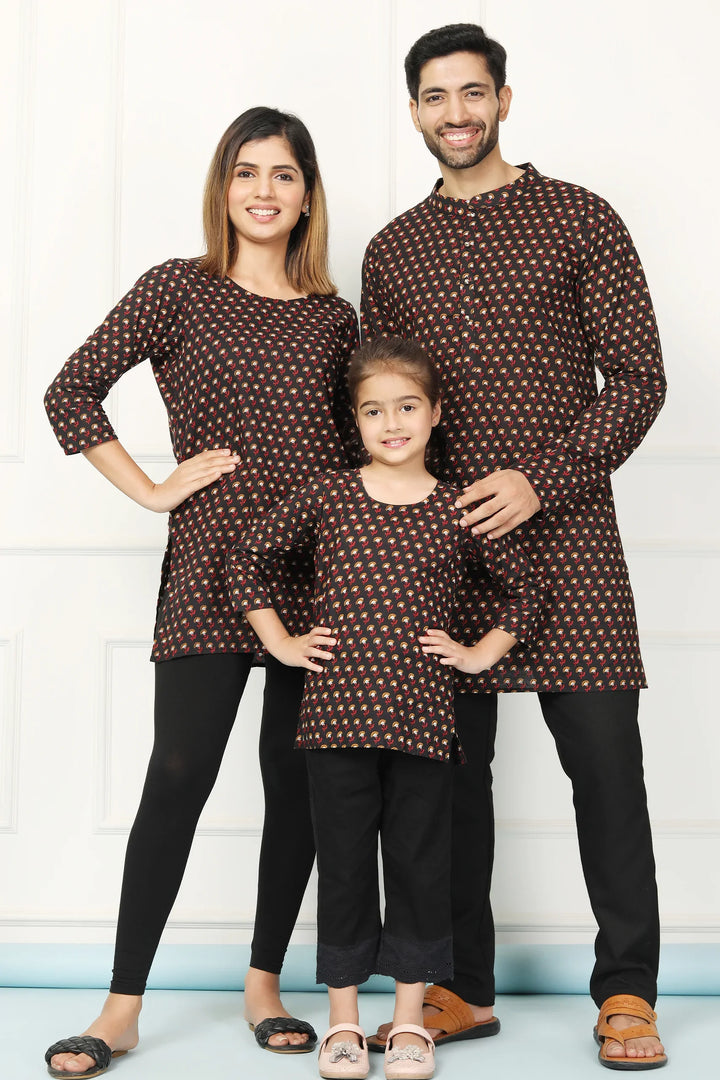 Black Printed Short Kurti & Matching Kurta Family Set - Trendy Fashion for All