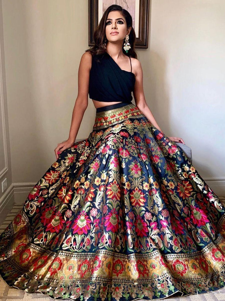 Black Banarasi silk lehenga with zari weaving