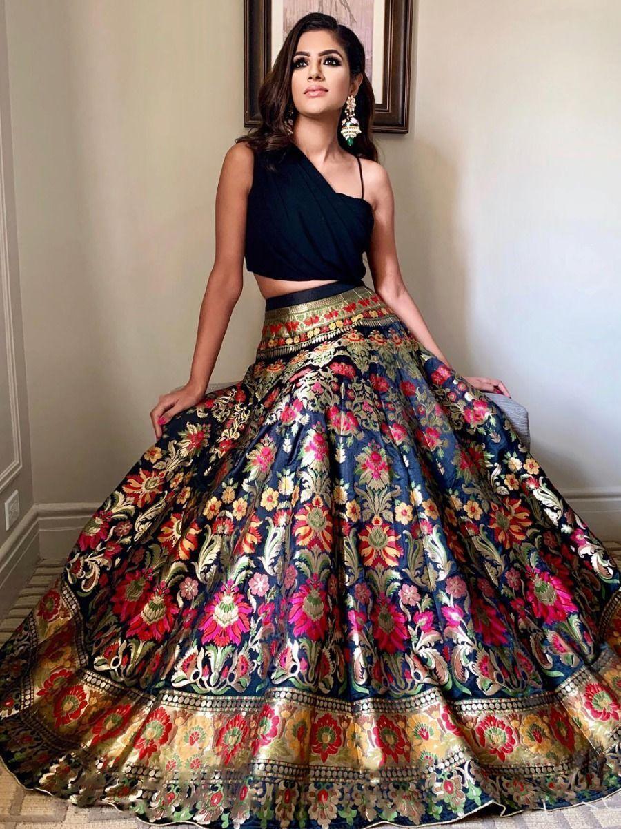 Black Banarasi silk lehenga with zari weaving