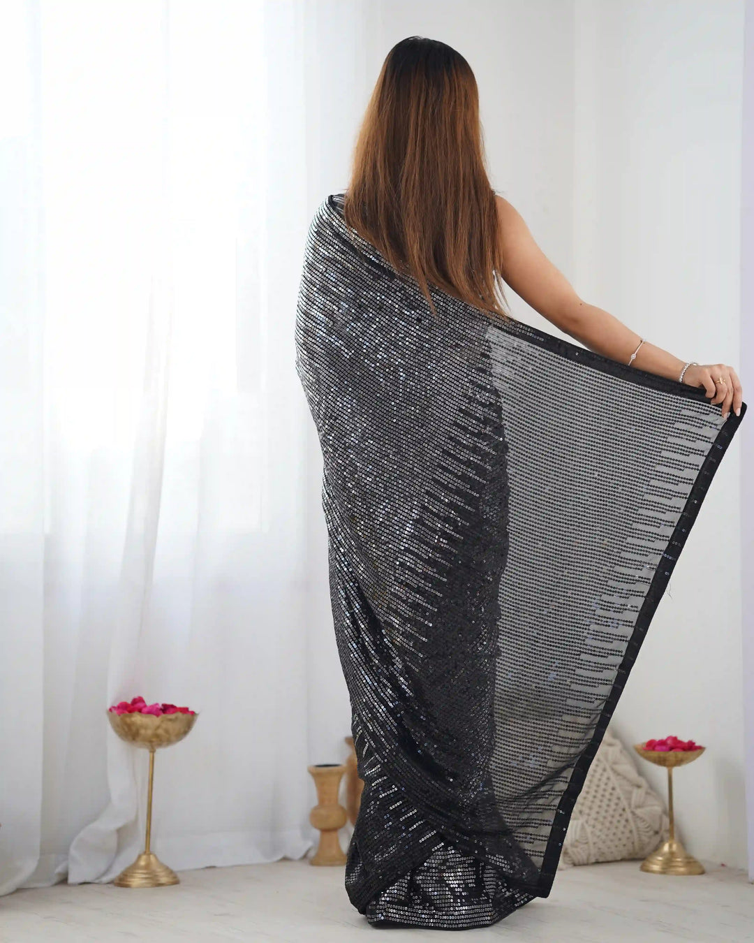 Buy Black Beauty Georgette Saree – Designer Sequins Embroidery & Glossy Blouse
