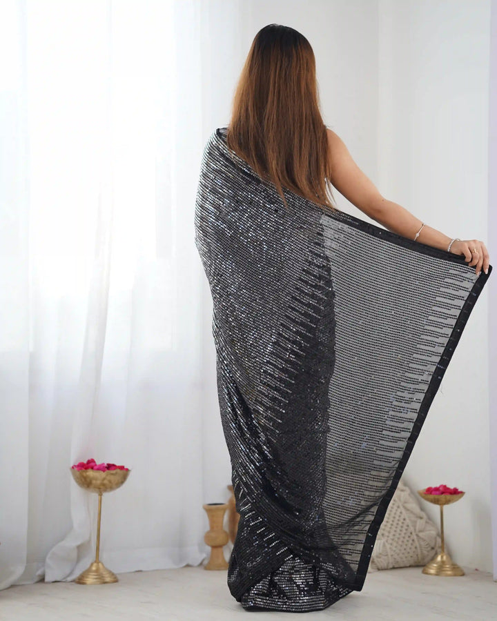 Buy Black Beauty Georgette Saree – Designer Sequins Embroidery & Glossy Blouse