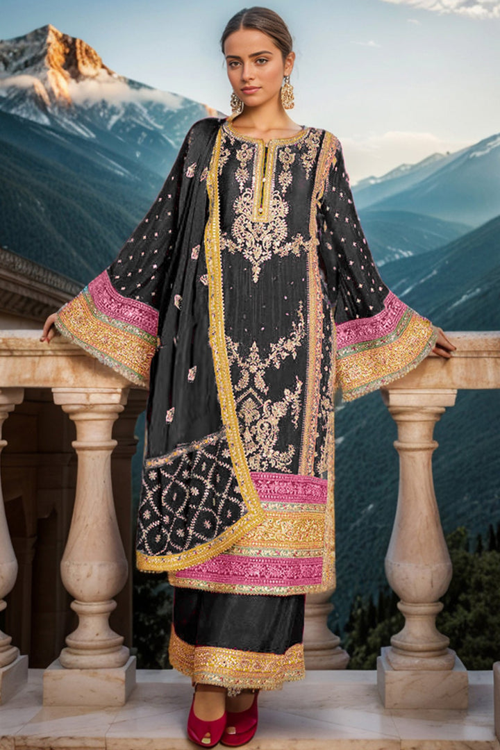 Black Embroidered Wedding Wear Pakistani Palazzo Salwar Kameez | Attractive Dupatta