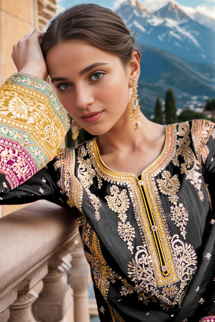 Black Embroidered Wedding Wear Pakistani Palazzo Salwar Kameez | Attractive Dupatta