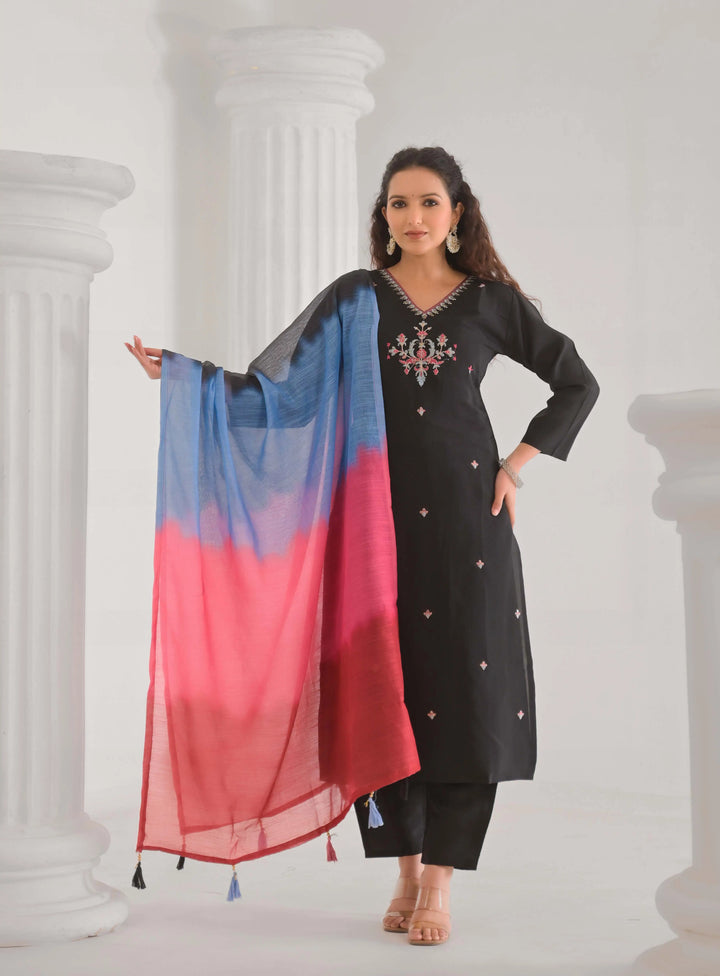 Black embroidered salwar kameez with Chanderi dupatta
