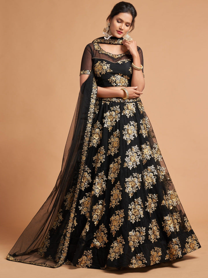 Black net lehenga with zari embroidery