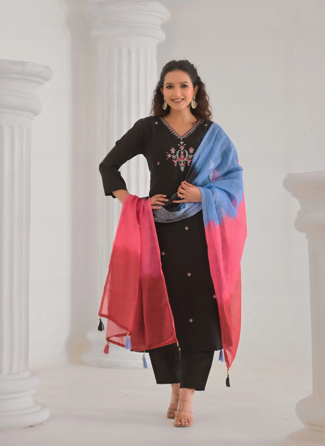 Black traditional suit set with embroidery details
