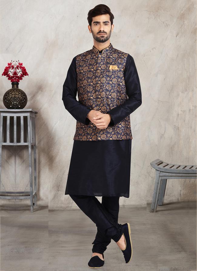 Traditional Elegant Art Silk Navy Kurta Pajama | Handcrafted  Details for Timeless Appeal