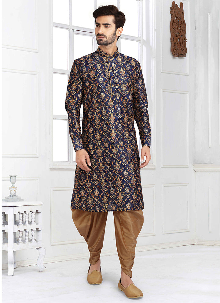 Traditional Navy Blue Banarasi Silk Kurta Pajama | Printed Design