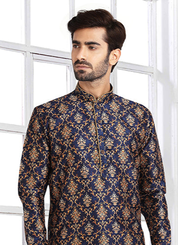 Traditional Navy Blue Banarasi Silk Kurta Pajama | Printed Design