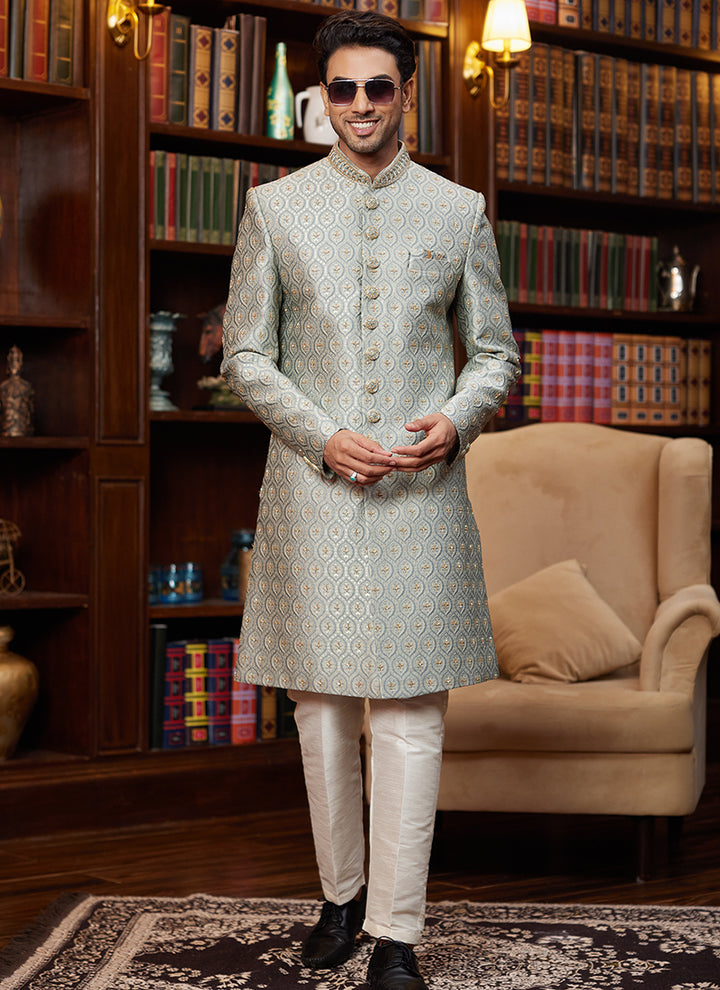 Festive Wear Sherwani  Light Green Jacquard Silk | Hand Work Detailing