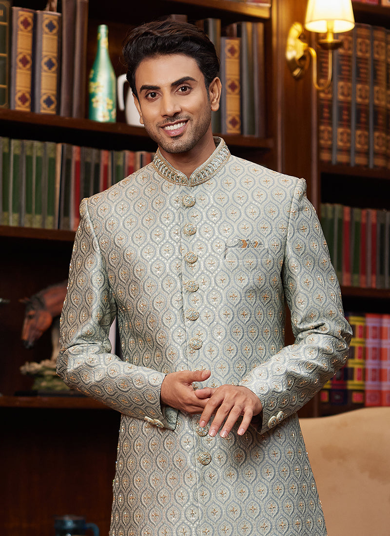 Festive Wear Sherwani  Light Green Jacquard Silk | Hand Work Detailing