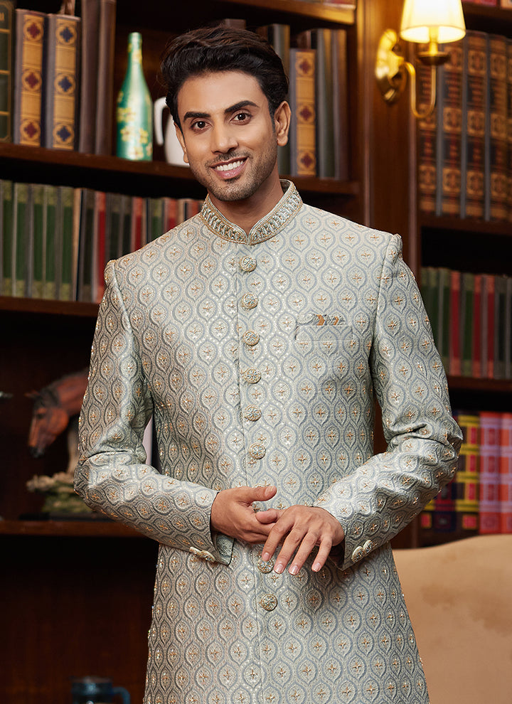 Festive Wear Sherwani  Light Green Jacquard Silk | Hand Work Detailing