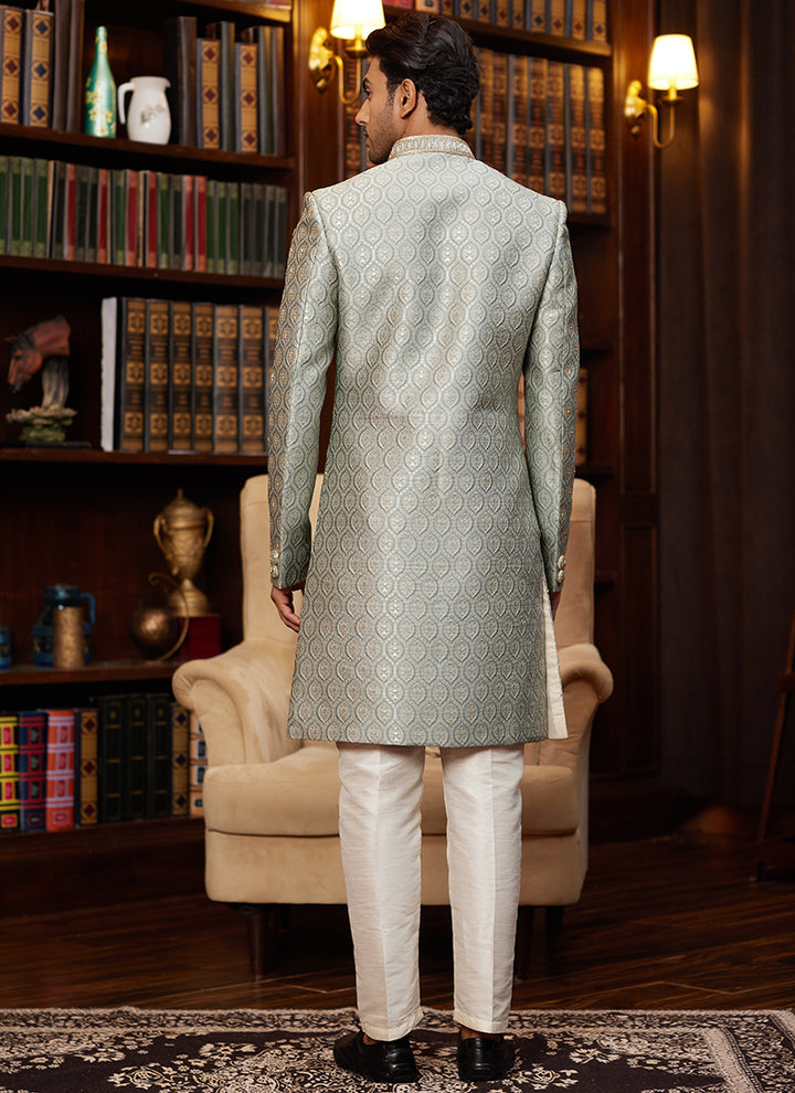 Festive Wear Sherwani  Light Green Jacquard Silk | Hand Work Detailing