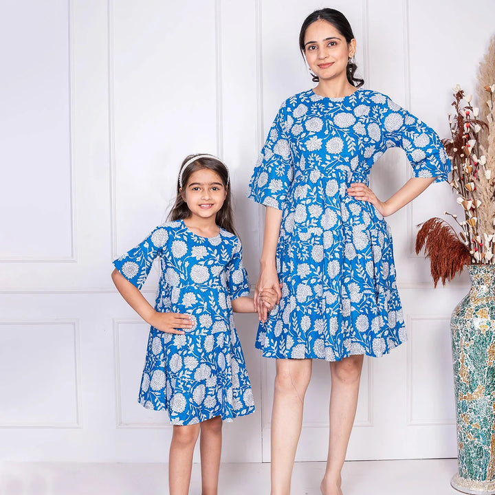 Breezy Blooms: Cotton Mommy & Me Dresses in Blue & White Floral