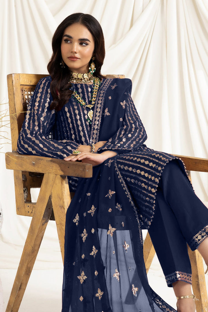 Fashionable Dark Blue Salwar Kameez | Faux Georgette & Moti Work
