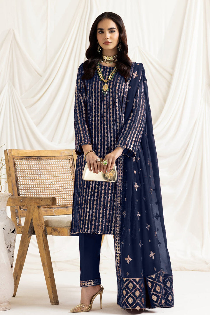 Fashionable Dark Blue Salwar Kameez | Faux Georgette & Moti Work