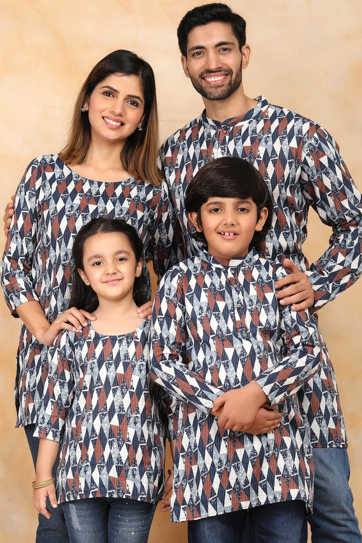 Navy Blue & White Ikkat Printed Family Matching Kurti & Kurta Set - Stylish Outfit for All