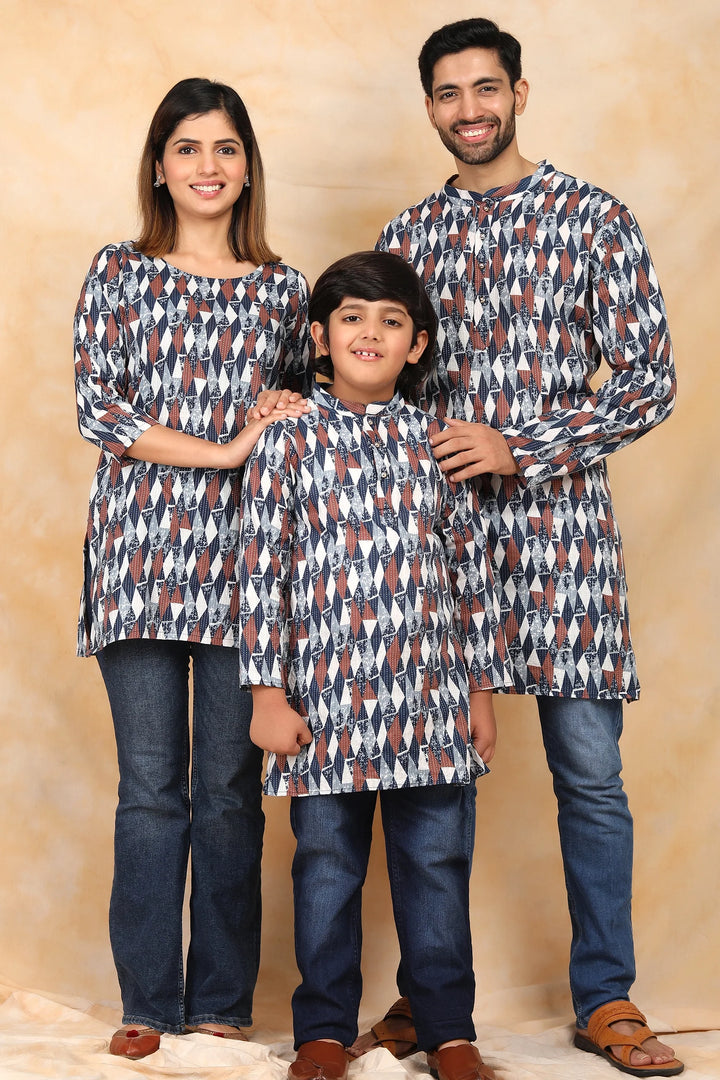 Navy Blue & White Ikkat Printed Family Matching Kurti & Kurta Set - Stylish Outfit for All