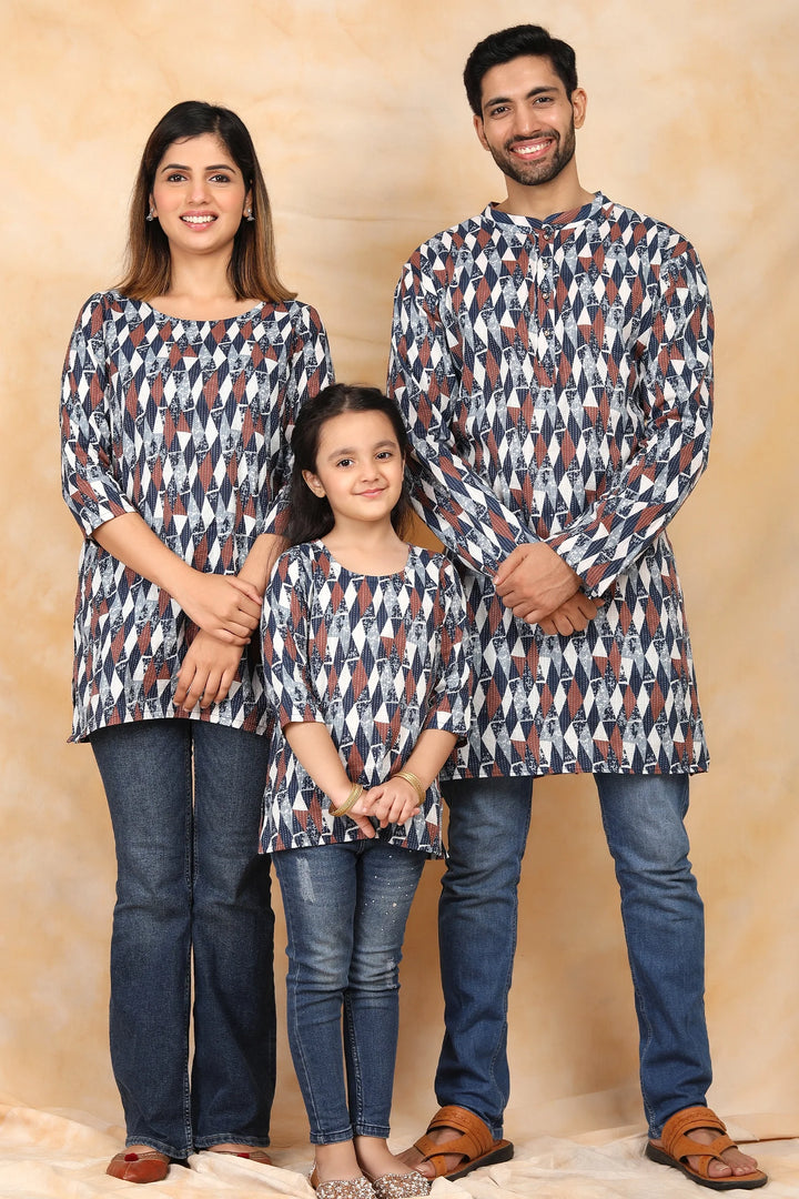 Navy Blue & White Ikkat Printed Family Matching Kurti & Kurta Set - Stylish Outfit for All