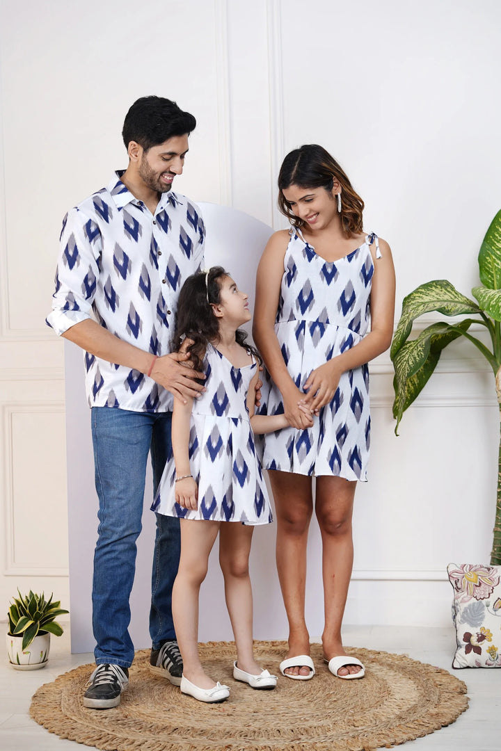 Beautiful Blue and White Ikkat Printed Dress with Matching Shirt Family Set