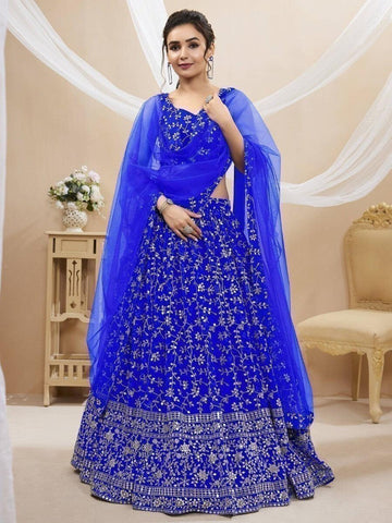 Blue georgette lehenga with embroidery