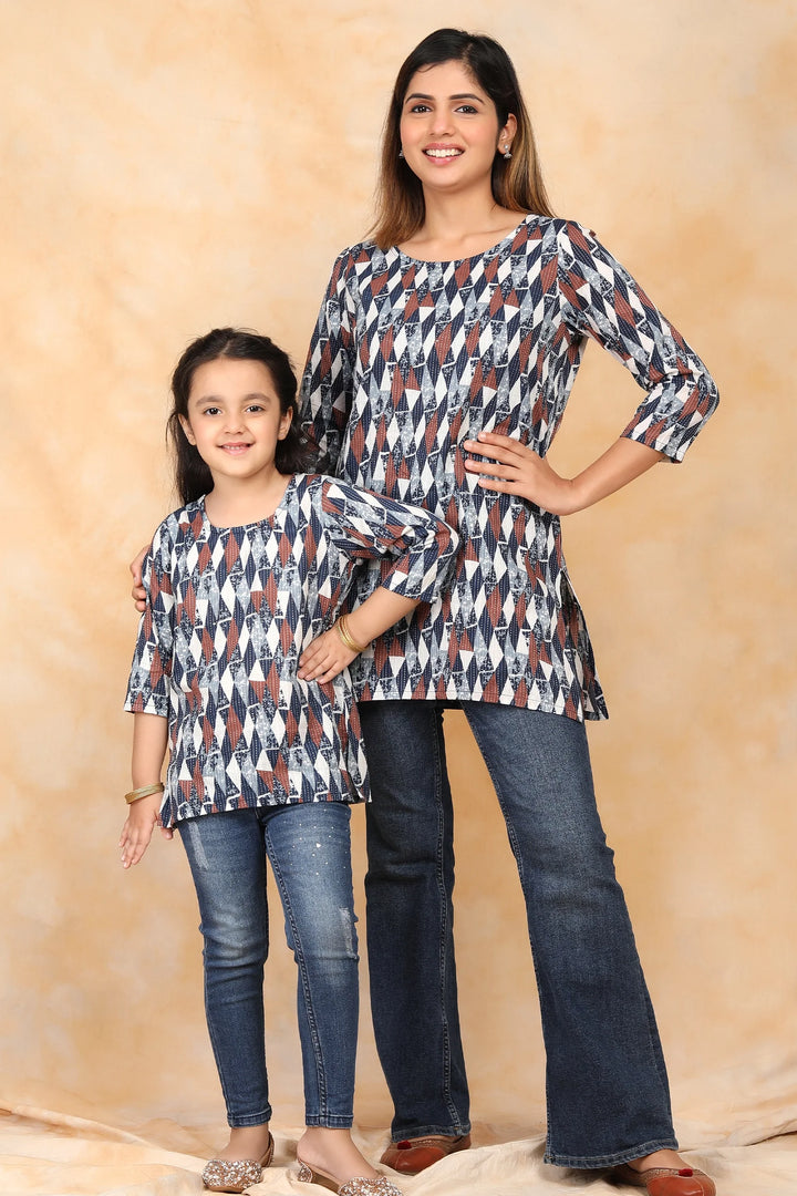 Navy Blue and White Ikkat Print Kurti Set for Mother and Daughter Twins