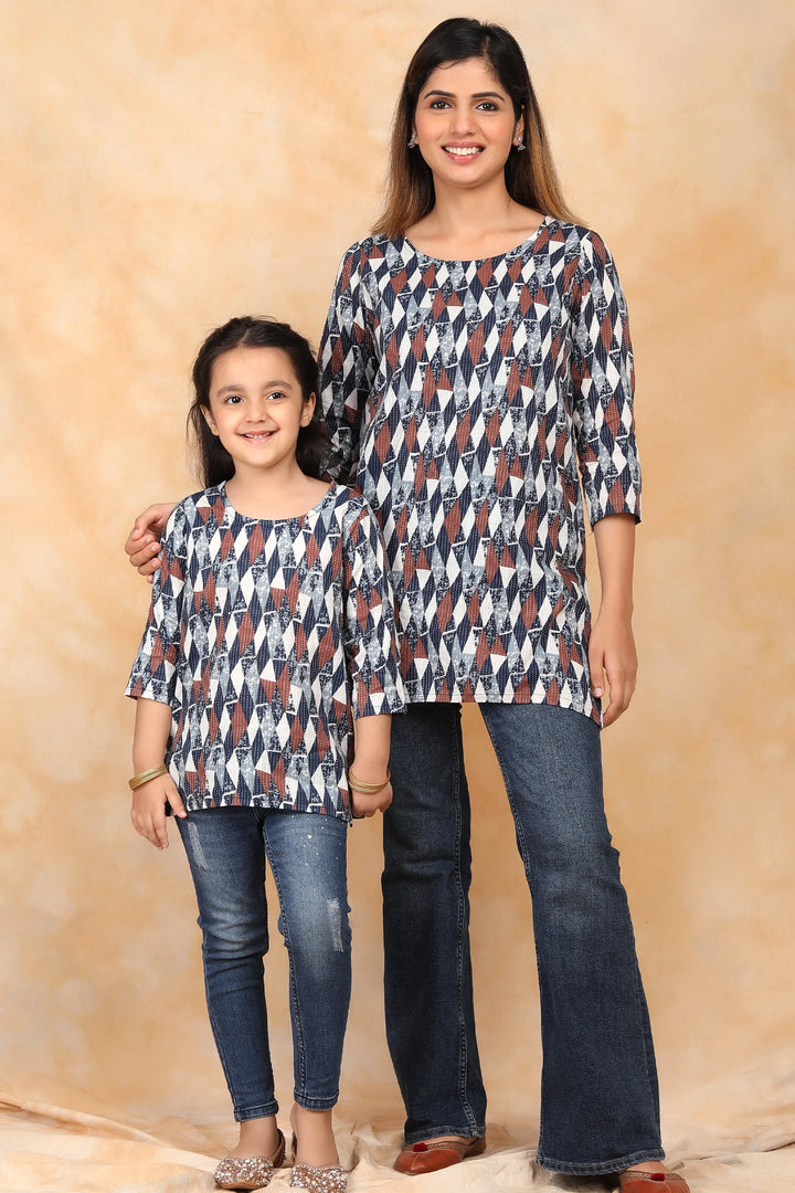 Navy Blue and White Ikkat Print Kurti Set for Mother and Daughter Twins