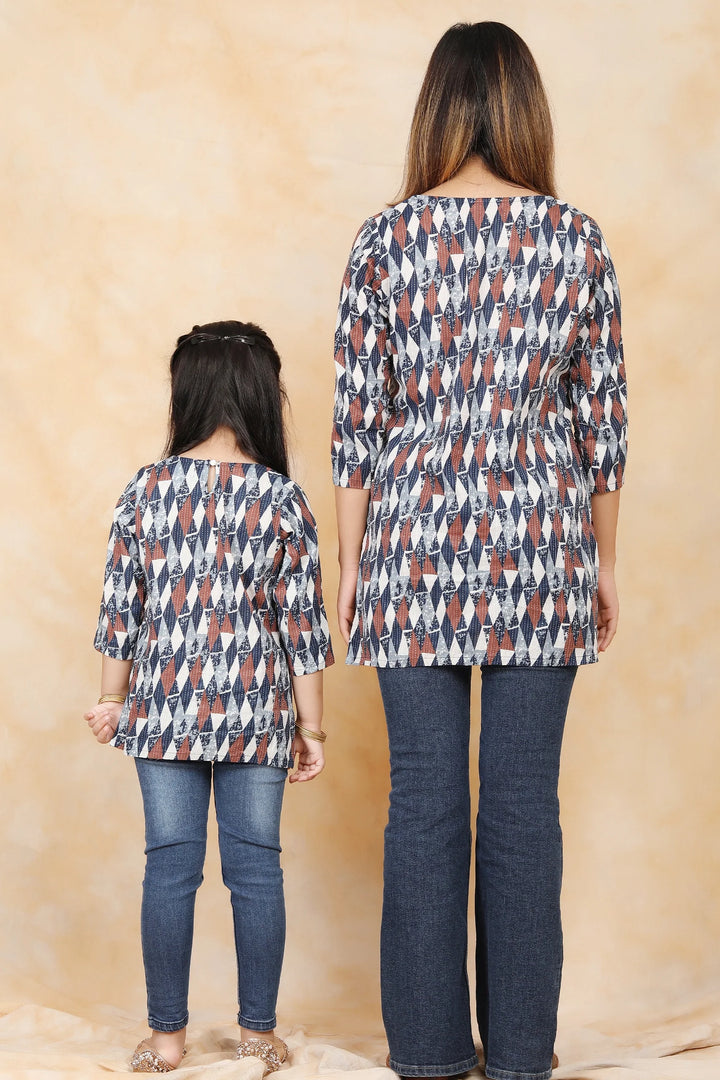 Navy Blue and White Ikkat Print Kurti Set for Mother and Daughter Twins