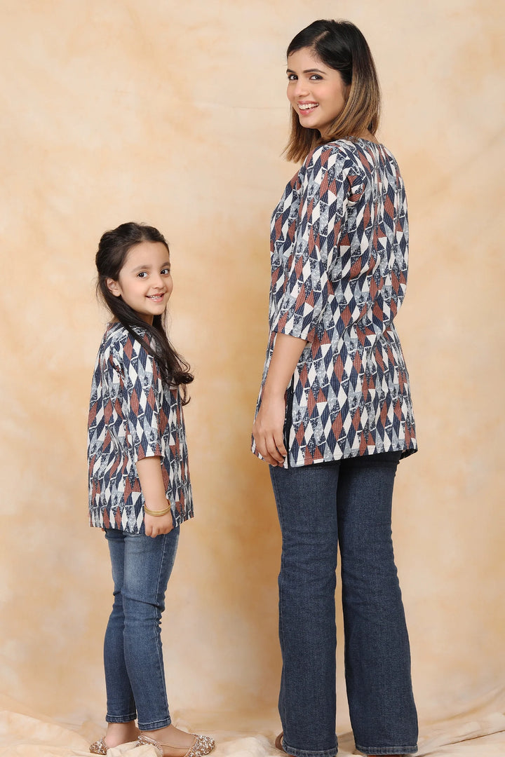 Navy Blue and White Ikkat Print Kurti Set for Mother and Daughter Twins
