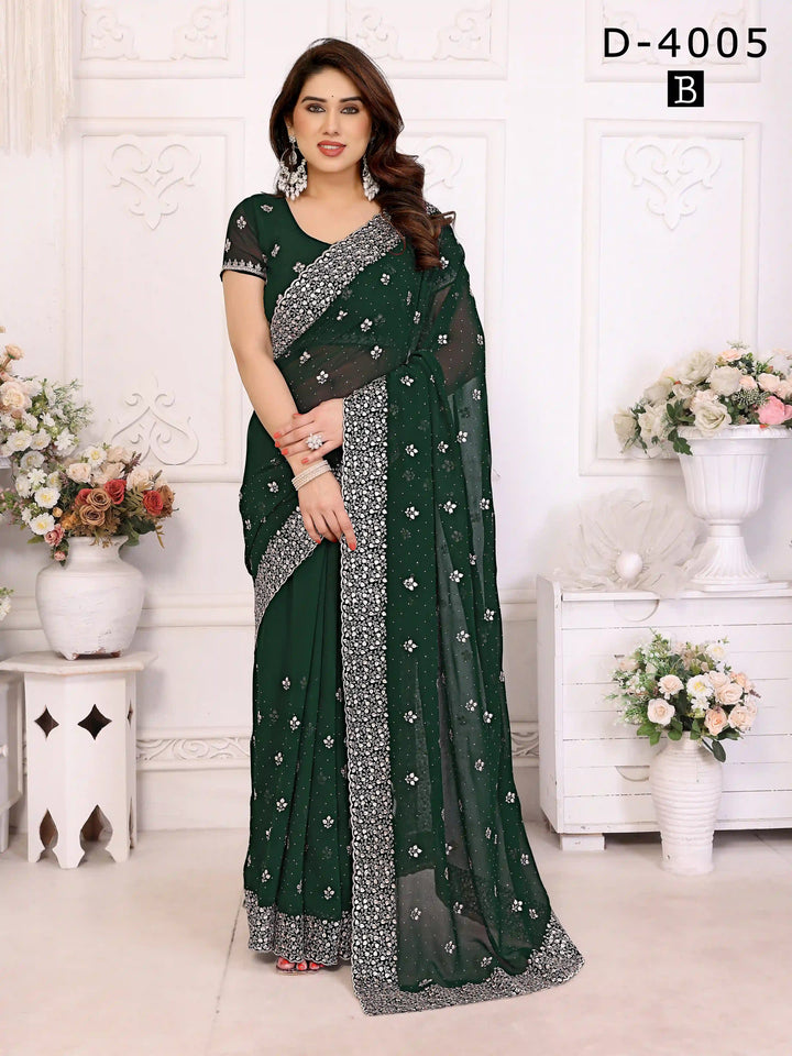 Bottle Green Georgette Saree with Zari & Stone Work | Silverbin

