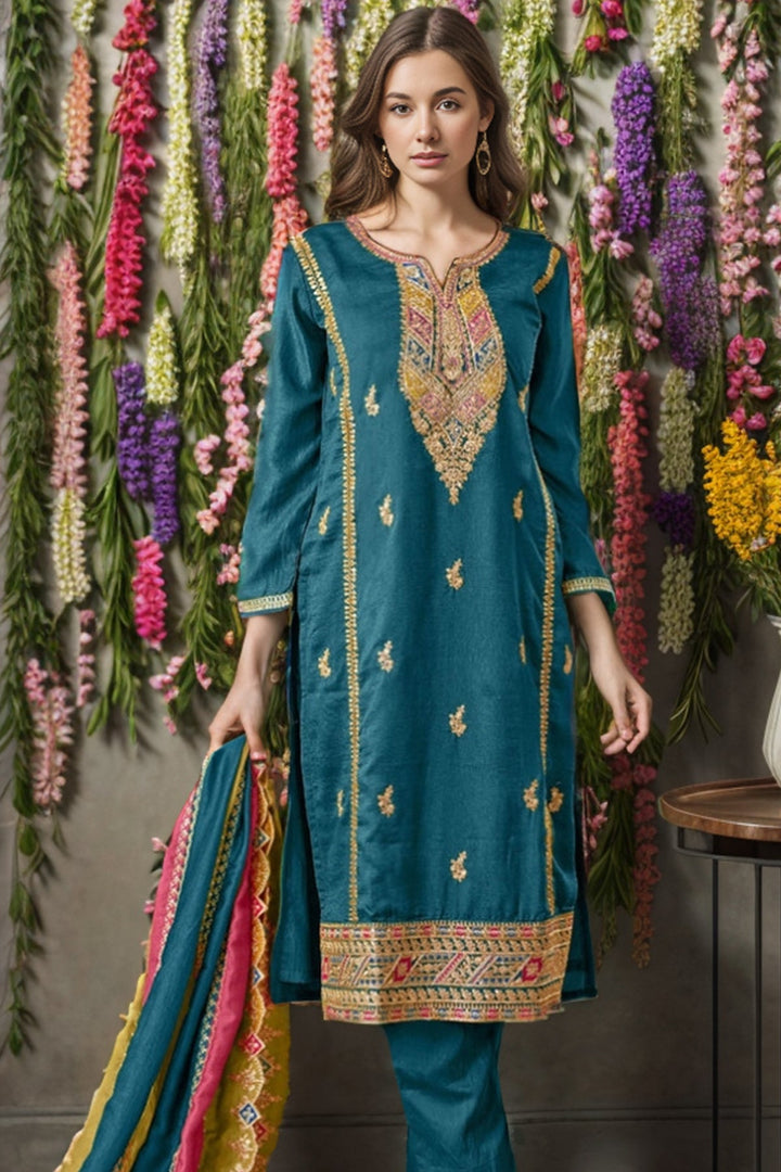 Fashionable Rama Chinon Salwar Kameez | Party Wear Embroidery Work