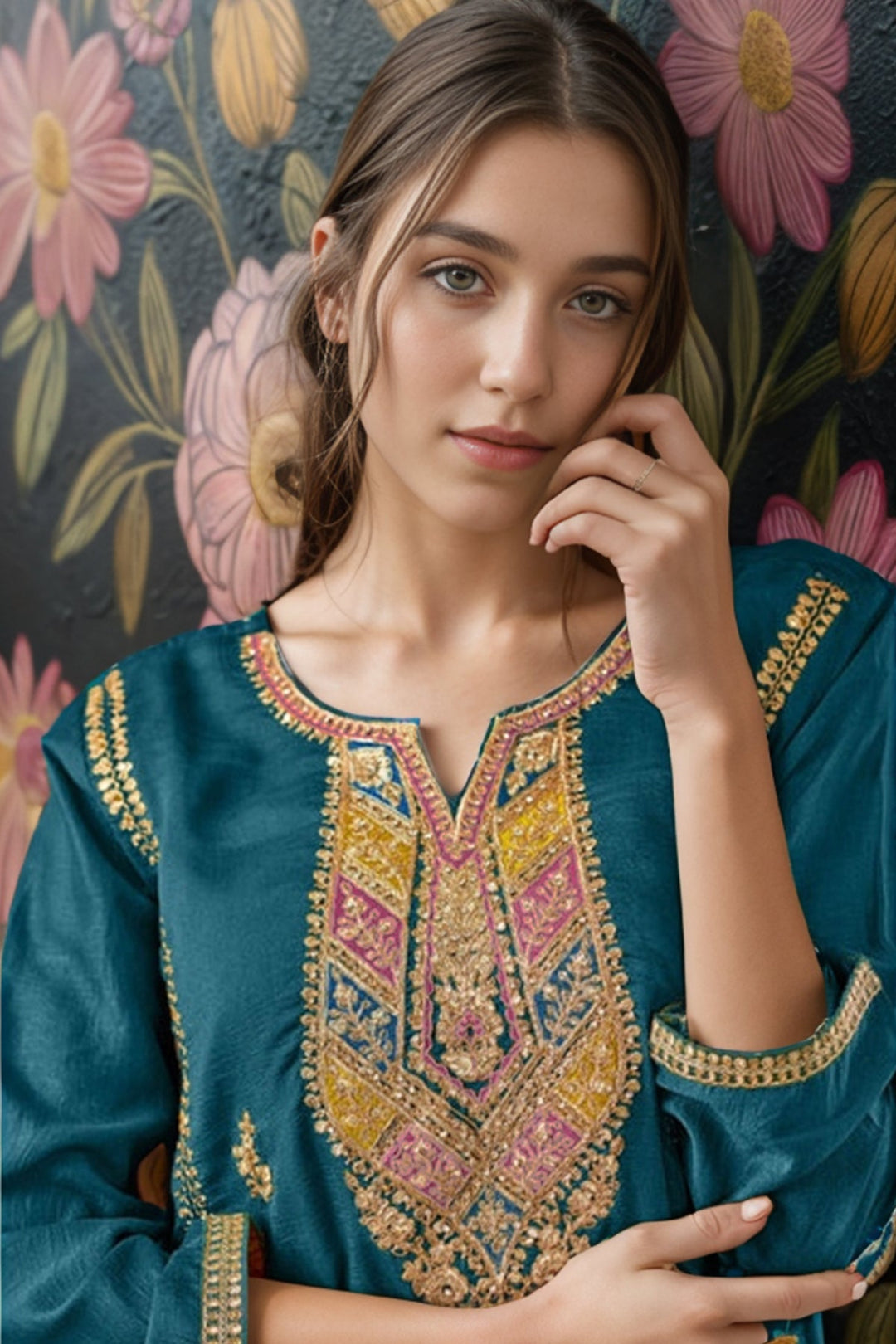 Fashionable Rama Chinon Salwar Kameez | Party Wear Embroidery Work
