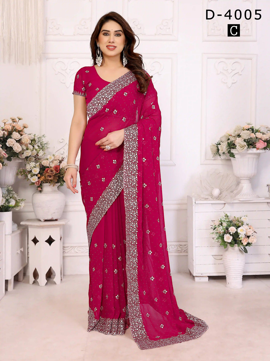 Bright Pink Georgette Saree with Zari & Stone Detailing | Silverbin

