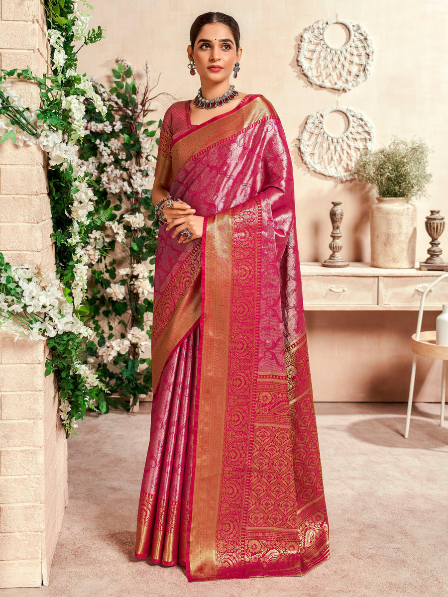 Bright Pink Zari Weaving Silk Saree with Blouse