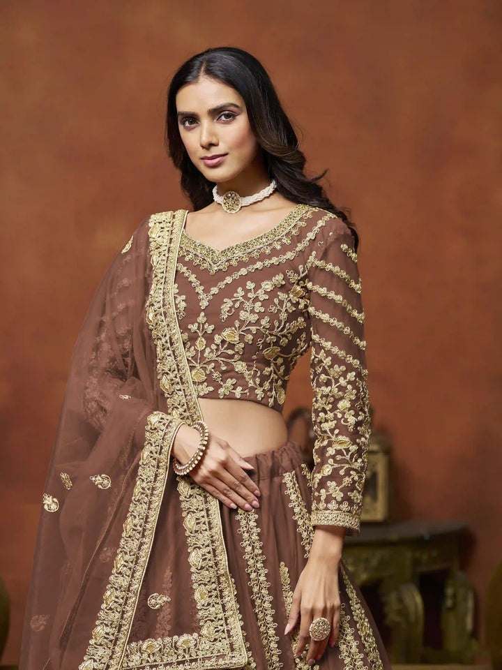  Brown Net Lehenga for Wedding Events | SilverBin

