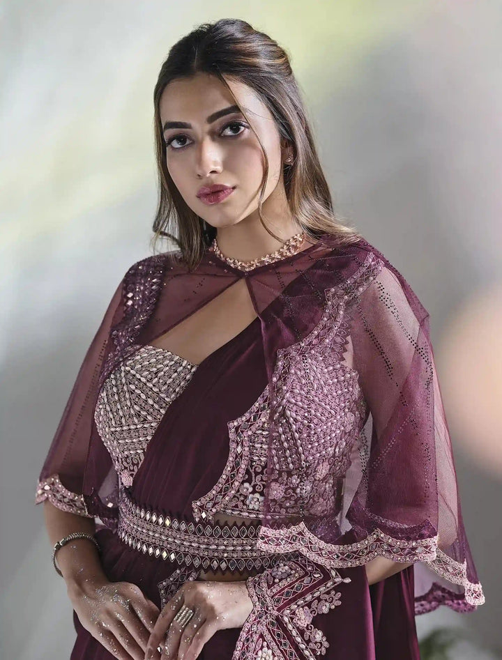 AURA Collection Wine Satin Silk Saree with Mirror & Moti Details