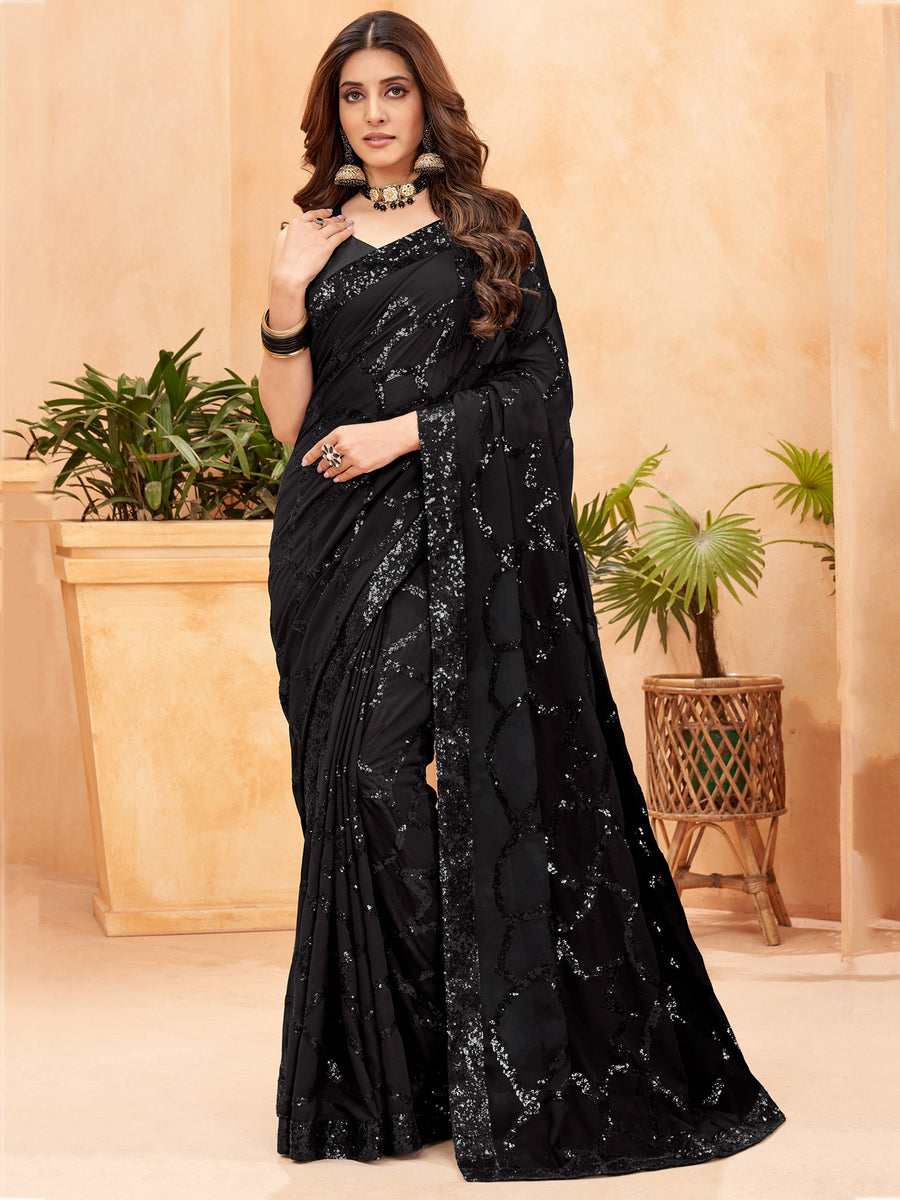 Buy Astonishing Black Sequins Georgette Saree for Reception Wear